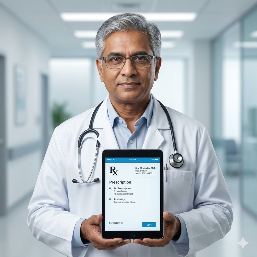 Indian doctor reviewing a digital prescription
